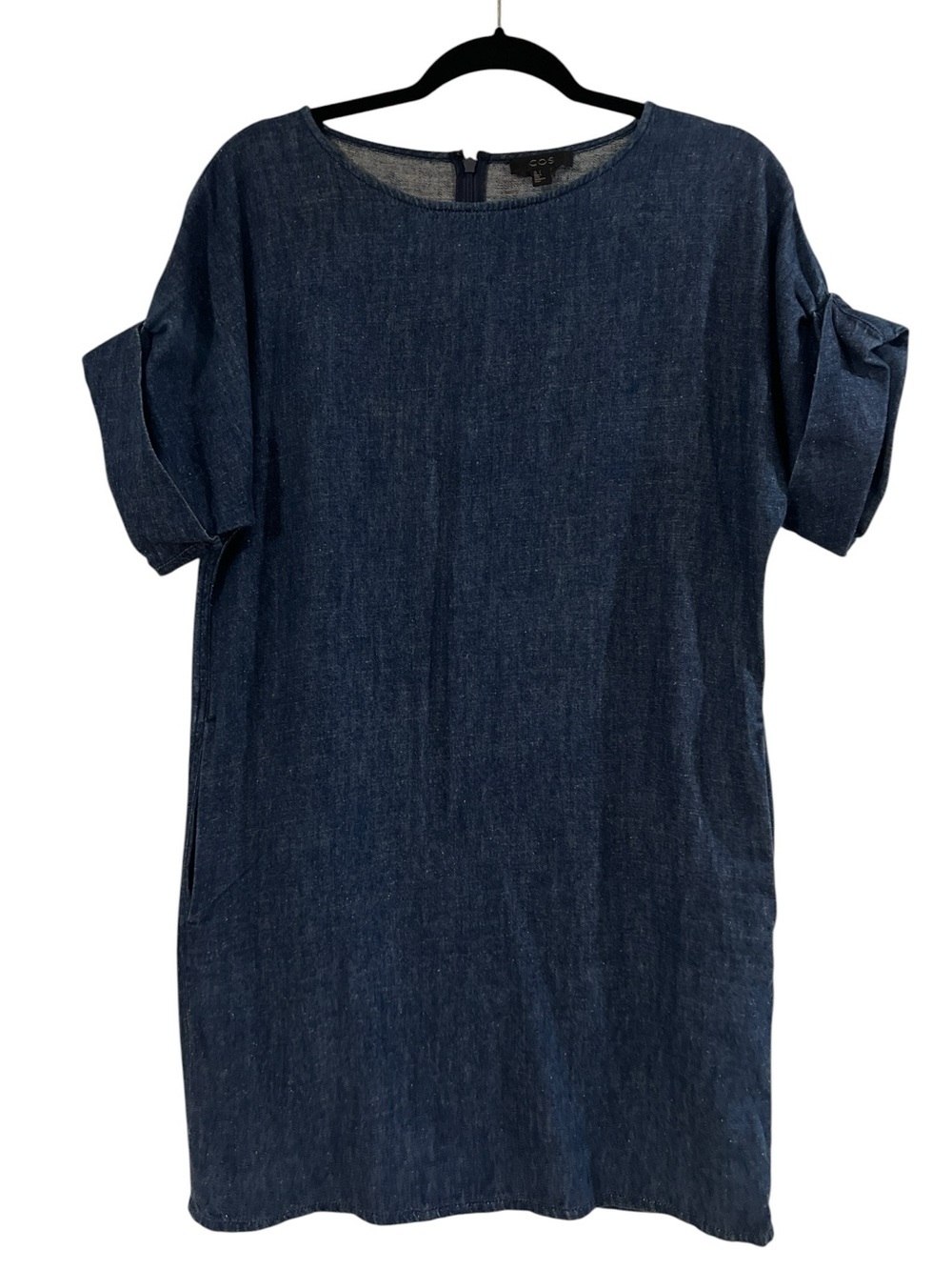 COS Blue Hemp Denim Organic Cotton Shift Dress Cuffed Sleeves Back Zipper- 4 - Picture 2 of 8
